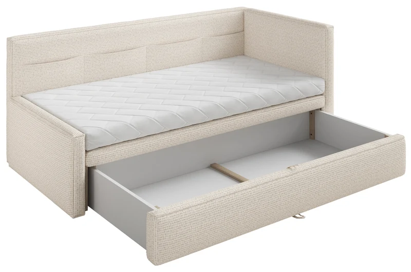 Jugendbett 90x200 cm Nesmi rechtsseitig mit Stauraum hellbeige Flechtoptik