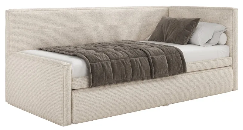 Jugendbett 90x200 cm Nesmi links mit Matratze und Stauraum hellbeige Flechtoptik