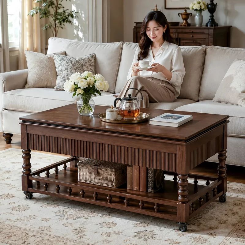 Nordischer Retro-Couchtisch aus Massivholz, 3-in-1-Funktion, höhenverstellbar und mit Universalrollen