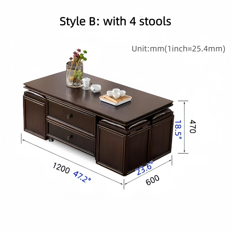 Nordischer Retro-Couchtisch aus Massivholz, 3-in-1-Funktion, höhenverstellbar und mit Universalrollen