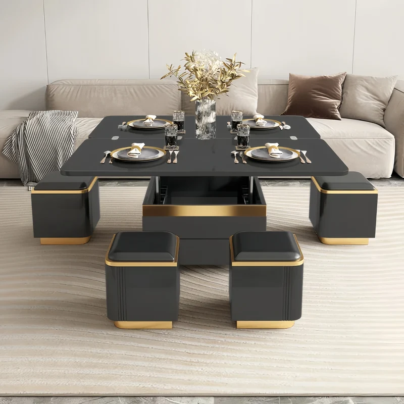 Multifunktions-Couchtisch im leichten Luxus-Stil mit Lackfinish, 3-in-1-Funktion und Universalrollen