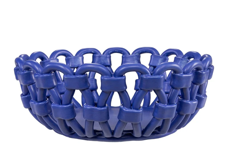 Casa Padrino Luxus Schale Blau Ø 31,5 x H. 12 cm - Runde Deko Schale aus hochwertiger Keramik mit seilartig gewundener Struktur - Luxus Deko Accessoires