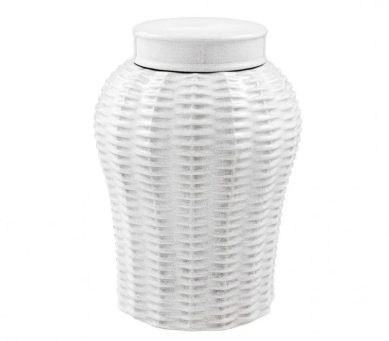 Casa Padrino Designer Keramik Vase mit Deckel in geknistertem Weiß, Durchmesser 26 x H. 36,5 cm