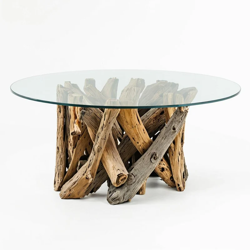 Individueller Teak Couchtisch TORA rund Glasplatte D70cm