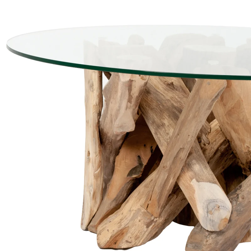 Individueller Teak Couchtisch TORA rund Glasplatte D70cm