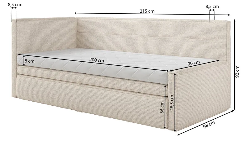 Jugendbett 90x200 cm Nesmi, links ausziehbar, mit Matratzen, hellblaue Flechtung