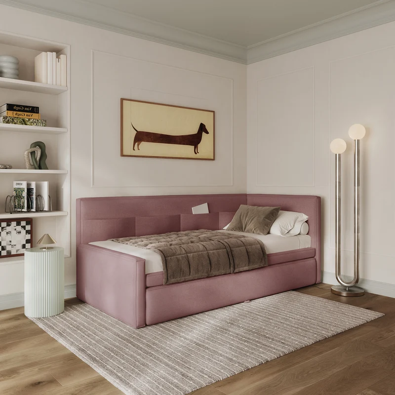 Jugendbett 90x200 cm Nesmi rechtsseitig mit Matratze und Stauraum, Dirty Pink Chenille, pflegeleicht