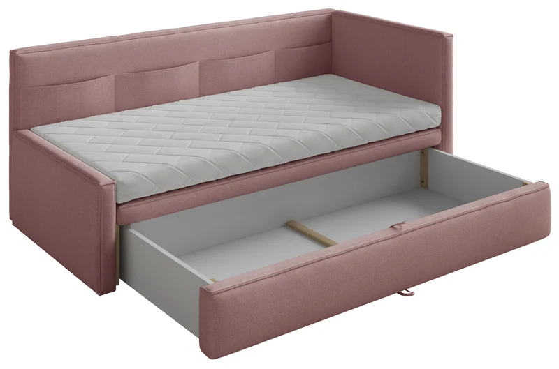 Jugendbett 90x200 cm Nesmi rechtsseitig mit Matratze und Stauraum, Dirty Pink Chenille, pflegeleicht