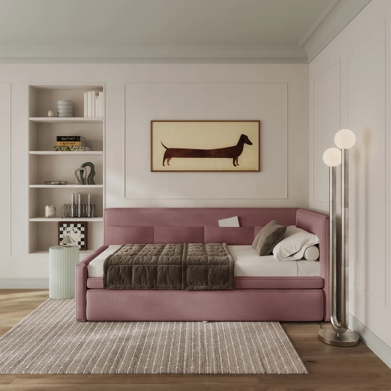 Jugendbett 90x200 cm Nesmi rechtsseitig mit Matratze und Stauraum, Dirty Pink Chenille, pflegeleicht