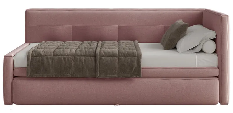 Jugendbett 90x200 cm Nesmi rechtsseitig mit Matratze und Stauraum, Dirty Pink Chenille, pflegeleicht