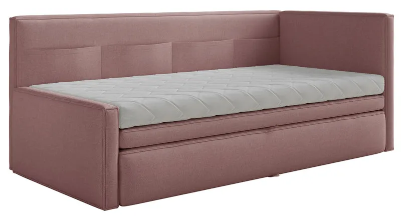 Jugendbett 90x200 cm Nesmi rechtsseitig mit Matratze und Stauraum, Dirty Pink Chenille, pflegeleicht