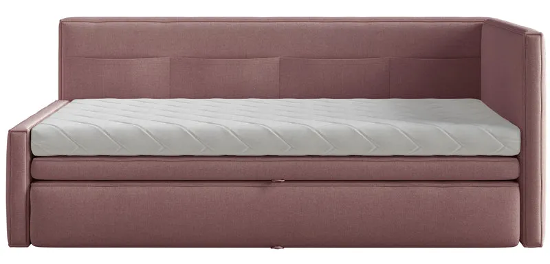 Jugendbett 90x200 cm Nesmi rechtsseitig mit Matratze und Stauraum, Dirty Pink Chenille, pflegeleicht