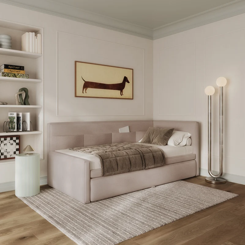 Jugendbett 90x200 cm Nesmi, rechts ausziehbar, mit Matratzen, beige Chenille, pflegeleicht