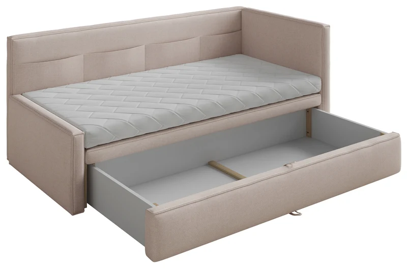 Jugendbett 90x200 cm Nesmi, rechtsseitig, mit Stauraum, beige Chenille, pflegeleicht