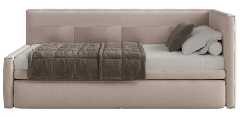 Jugendbett 90x200 cm Nesmi, rechts ausziehbar, mit Matratzen, beige Chenille, pflegeleicht