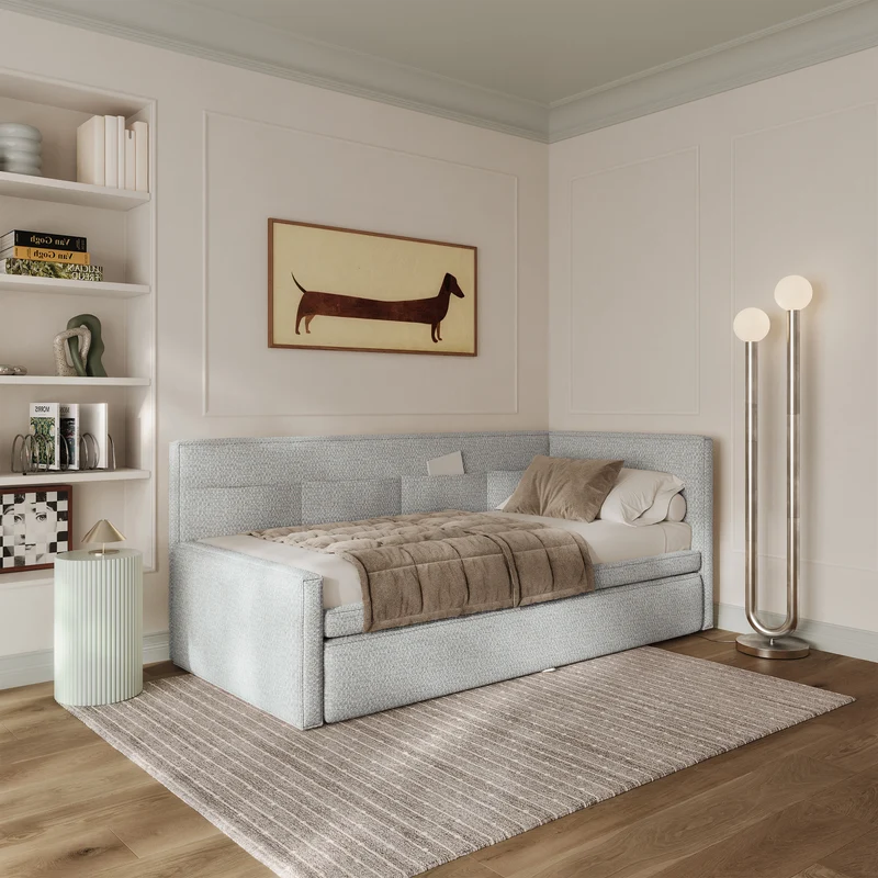 Jugendbett 90x200 cm Nesmi rechtsseitig mit Stauraum hellblau Flechtmuster