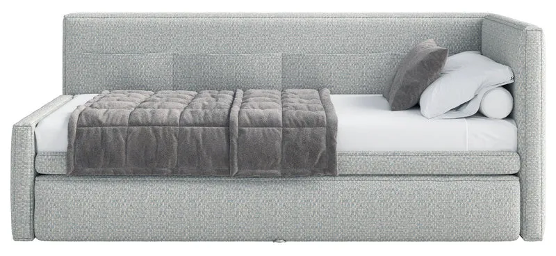Jugendbett 90x200 cm Nesmi rechtsseitig mit Stauraum hellblau Flechtmuster