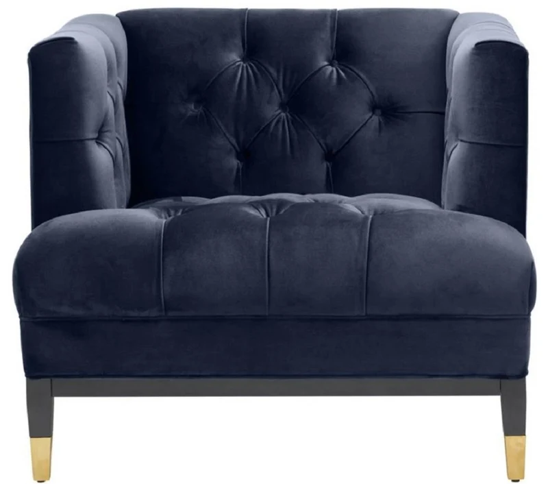 Casa Padrino Luxus Wohnzimmer Sessel Mitternachtsblau / Schwarz / Messingfarben 93 x 85 x H. 79 cm - Chesterfield Möbel
