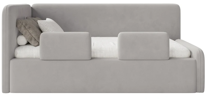 Jugendbett 90x200 cm Fanklo linksseitig mit Stauraum und hellgrauen, wasserabweisenden, pflegeleichten Samt-Geländern