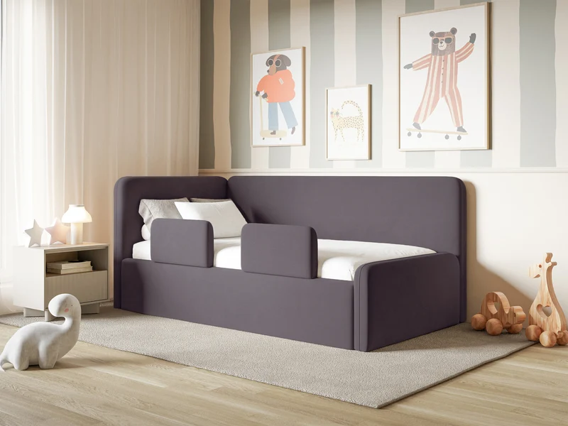 Jugendbett 90x200 cm Fanklo linksseitig mit Matratze, Stauraum und Geländern, violetter Velours, wasserabweisend und leicht zu reinigen