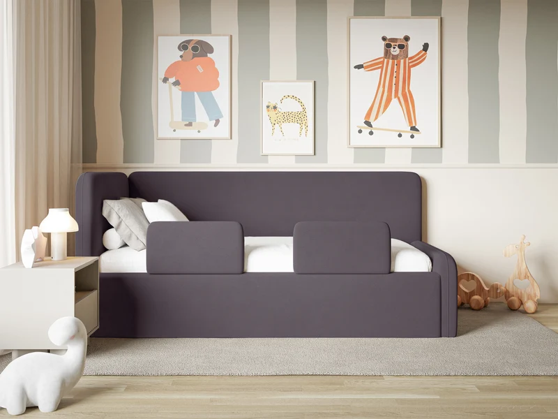 Jugendbett 90x200 cm Fanklo linksseitig mit Matratze, Stauraum und Geländern, violetter Velours, wasserabweisend und leicht zu reinigen
