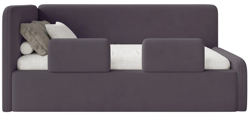 Jugendbett 90x200 cm Fanklo linksseitig mit Matratze, Stauraum und Geländern, violetter Velours, wasserabweisend und leicht zu reinigen
