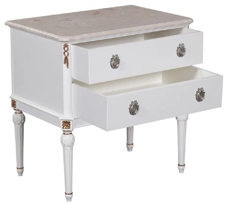 Casa Padrino Luxus Barock Nachtkommode Weiß / Cremefarben / Antik Gold / Silber - Handgefertigter Massivholz Nachttisch mit Marmorplatte - Barock Schlafzimmer Möbel