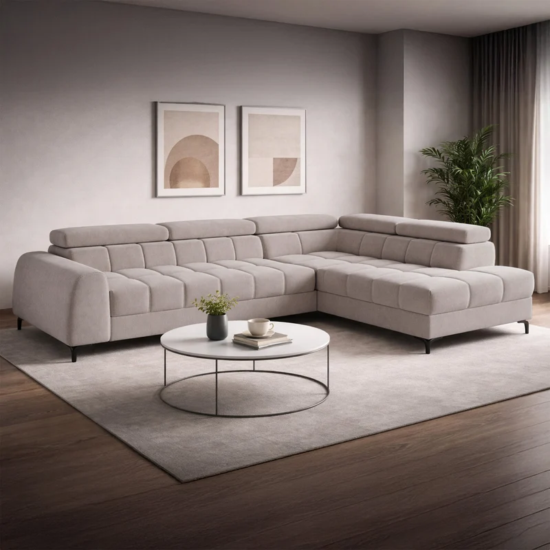 Ecksofa mit Schlaffunktion Arellio, L-förmig, rechtsseitig, mit Stauraum, grau-beiges Chenille