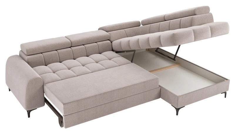 Ecksofa mit Schlaffunktion Arellio, L-förmig, rechtsseitig, mit Stauraum, grau-beiges Chenille