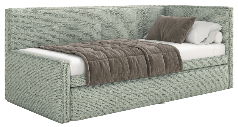 Jugendbett 90x200 cm Nesmi rechtsseitig mit Stauraum salbeigrünes Geflecht