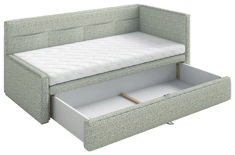 Jugendbett 90x200 cm Nesmi rechtsseitig mit Stauraum salbeigrünes Geflecht