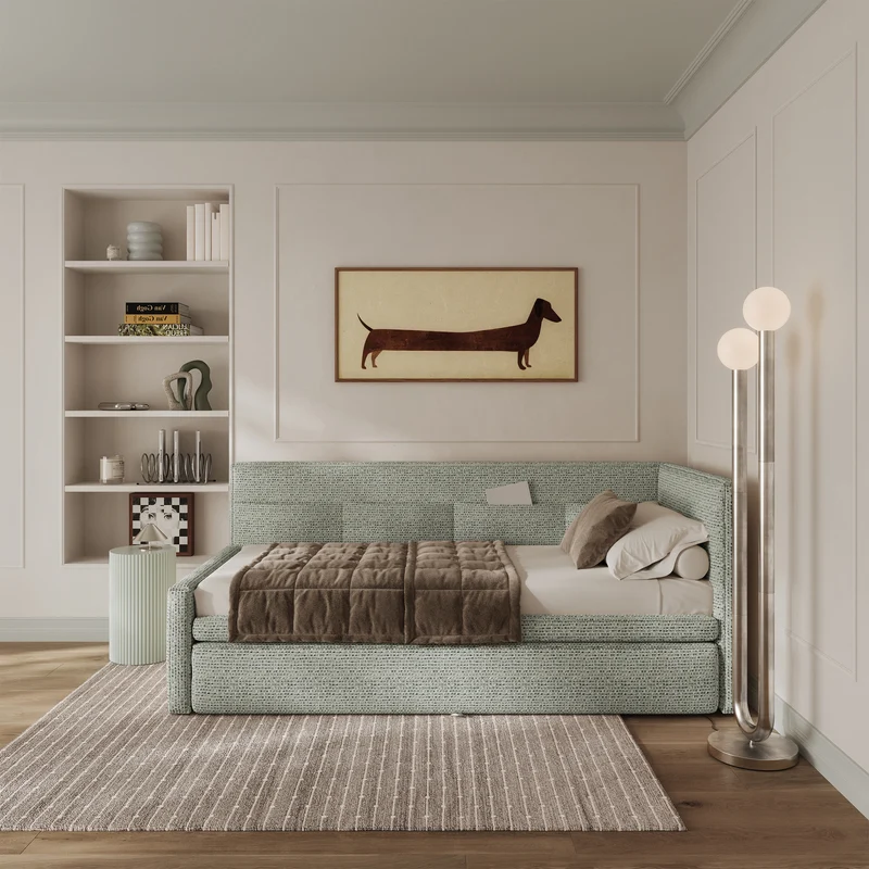 Jugendbett 90x200 cm Nesmi rechtsseitig mit Stauraum salbeigrünes Geflecht