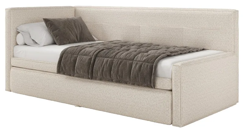 Jugendbett 90x200 cm Nesmi links mit Matratze und Stauraum hellbeige Flechtoptik