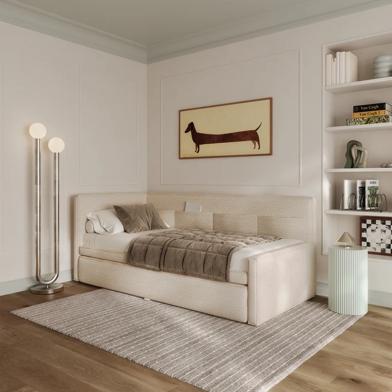 Jugendbett 90x200 cm Nesmi links mit Matratze und Stauraum hellbeige Flechtoptik