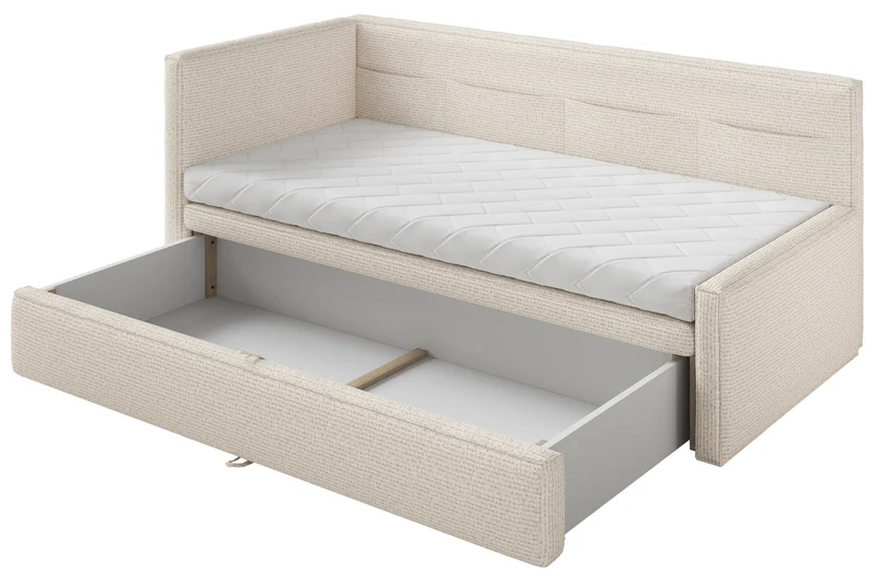 Jugendbett 90x200 cm Nesmi links mit Matratze und Stauraum hellbeige Flechtoptik