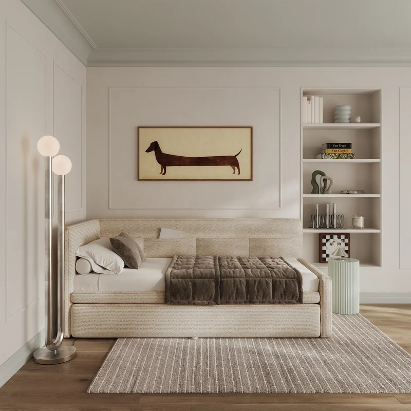 Jugendbett 90x200 cm Nesmi links mit Matratze und Stauraum hellbeige Flechtoptik