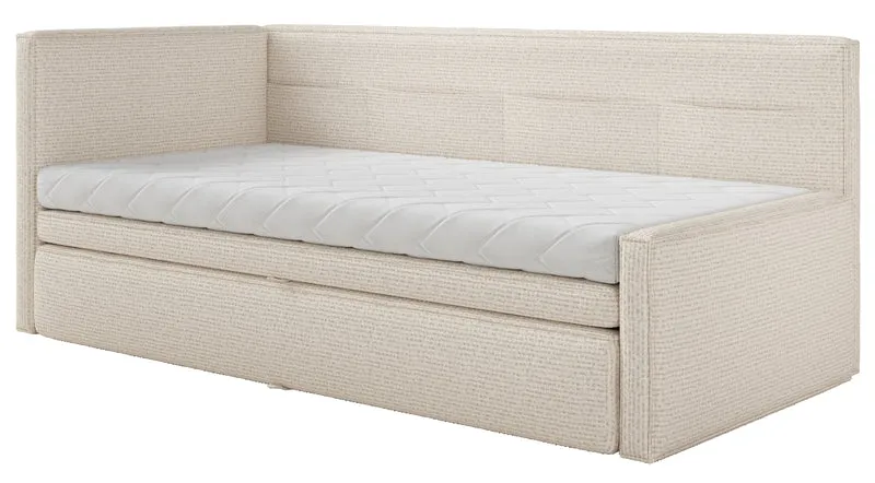 Jugendbett 90x200 cm Nesmi links mit Matratze und Stauraum hellbeige Flechtoptik
