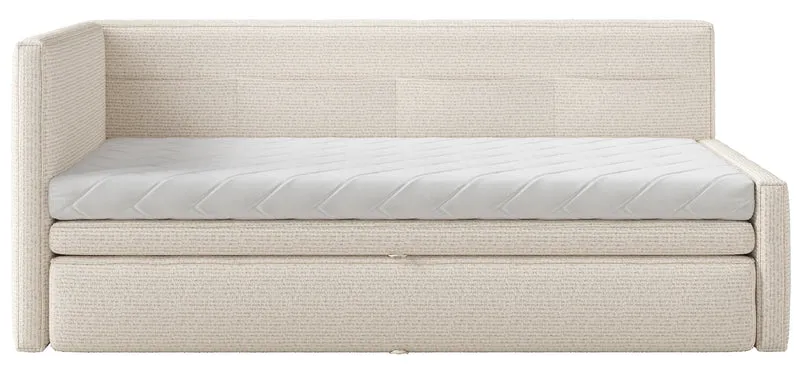 Jugendbett 90x200 cm Nesmi links mit Matratze und Stauraum hellbeige Flechtoptik