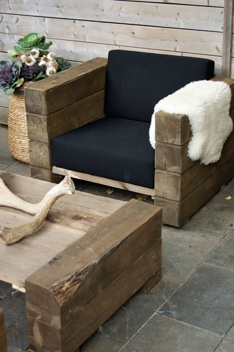 Casa Padrino Luxus Garten Lounge Set aus massivem Eichenholz mit Polsterung - Eckcouch, Sessel und Tisch, 150x70x40 cm