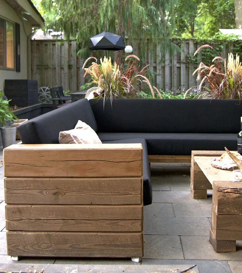 Casa Padrino Luxus Garten Lounge Set aus massivem Eichenholz mit Polsterung - Eckcouch, Sessel und Tisch, 150x70x40 cm