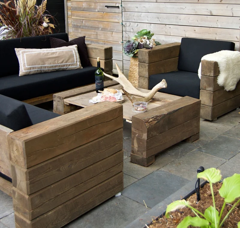 Casa Padrino Luxus Garten Lounge Set aus massivem Eichenholz mit Polsterung - Eckcouch, Sessel und Tisch, 150x70x40 cm