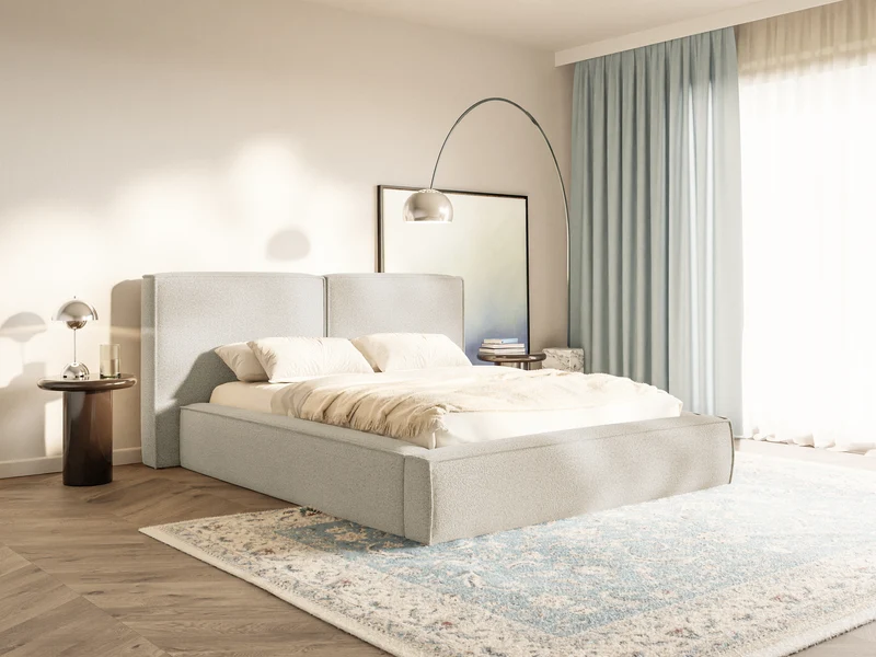 Polsterbett 200x200 cm Tilves mit Stauraum, Metallrahmen, hellbeige Bouclé