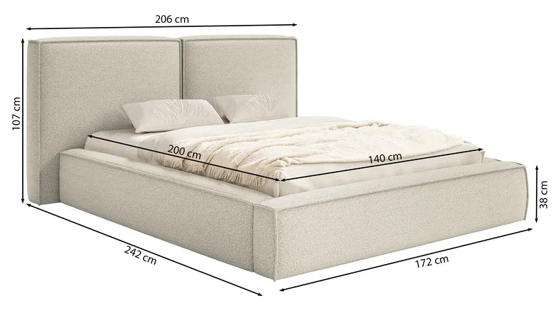 Polsterbett 140x200 cm Tilves mit Stauraum, Metallrahmen, hellgrauer Bouclé-Stoff