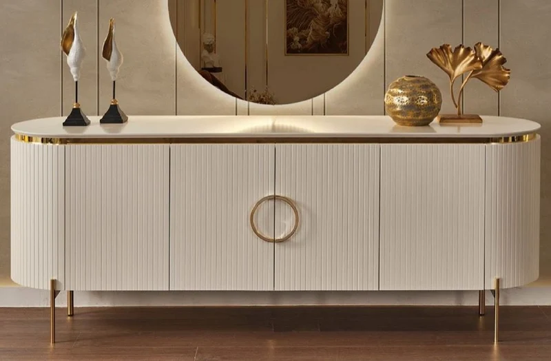 Casa Padrino Luxus Sideboard Weiß / Gold 210 x 52 x H. 78 cm - Edler Massivholz Schrank mit 4 Türen - Luxus Möbel