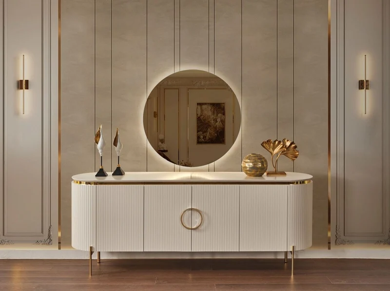Casa Padrino Luxus Sideboard Weiß / Gold 210 x 52 x H. 78 cm - Edler Massivholz Schrank mit 4 Türen - Luxus Möbel