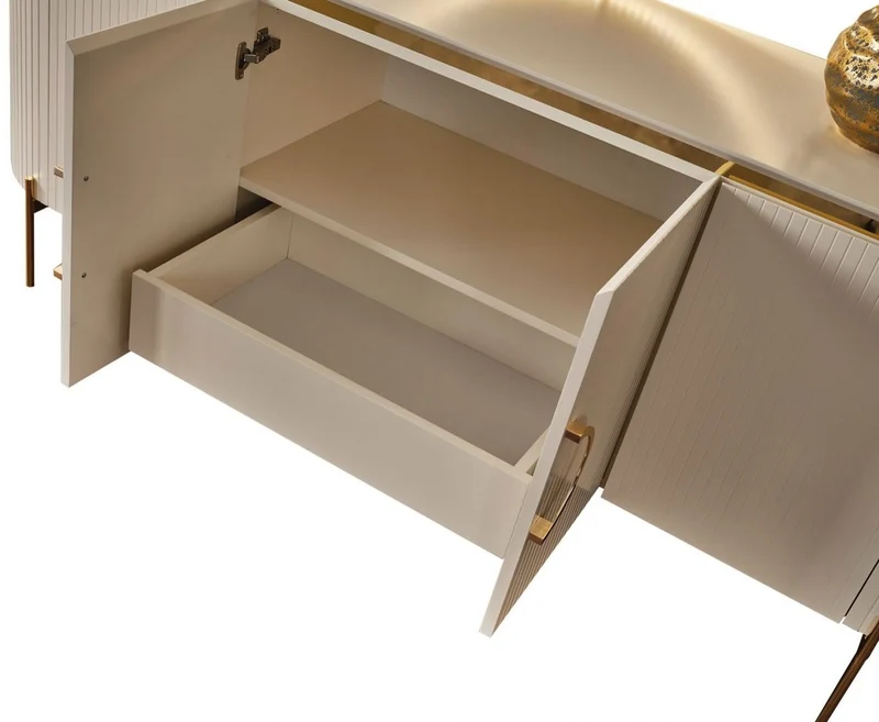 Casa Padrino Luxus Sideboard Weiß / Gold 210 x 52 x H. 78 cm - Edler Massivholz Schrank mit 4 Türen - Luxus Möbel