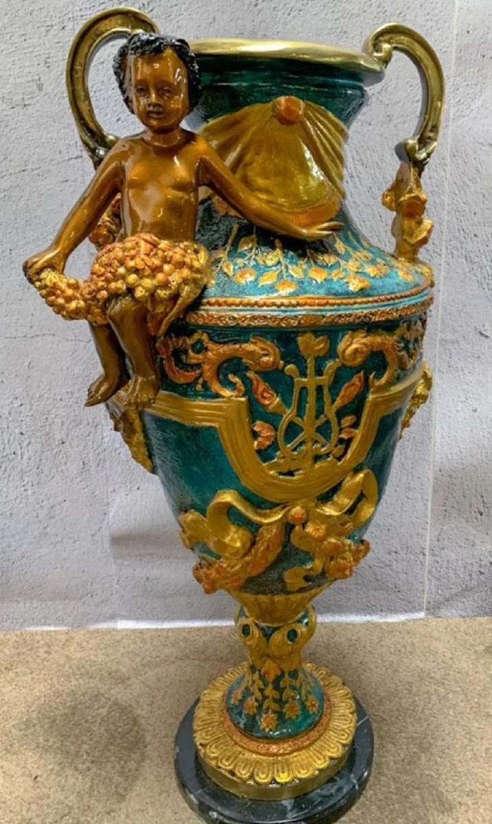 Casa Padrino Luxus Barock Vasen Set Mehrfarbig / Gold / Schwarz 81 x 41 x H. 43 cm - Prunkvolle Bronze Vasen mit Marmorsockel - Barock Deko Accessoires
