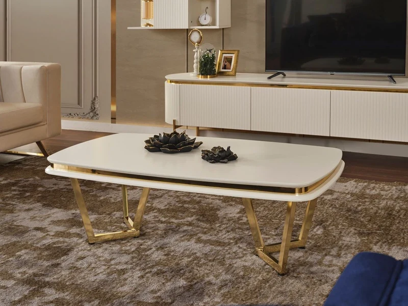 Casa Padrino Luxus Couchtisch Weiß / Gold 120 x 70 x H. 40 cm - Rechteckiger Wohnzimmertisch - Luxus Wohnzimmer Möbel