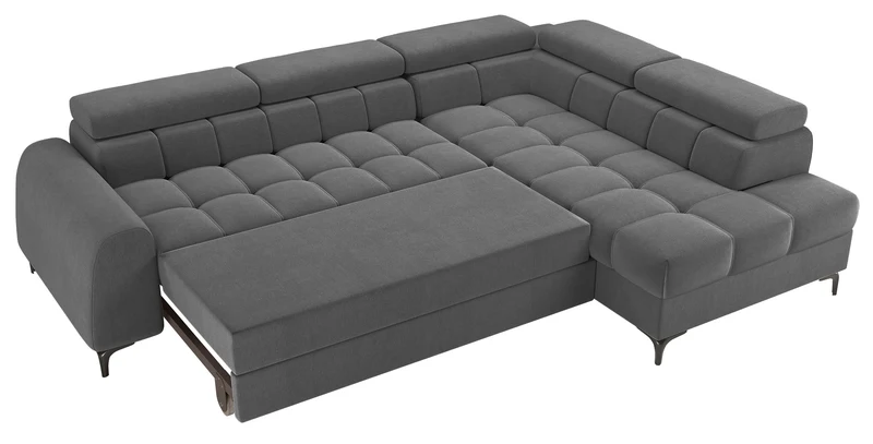 Ecksofa mit Schlaffunktion Arellio, L-förmig, rechtsseitig, mit Stauraum, grauer Chenille-Stoff