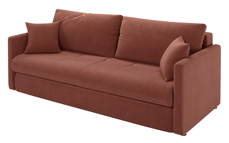 Dreisitziges ausklappbares Sofa Lorro mit Stauraum, kupferfarbener Chenille-Bezug